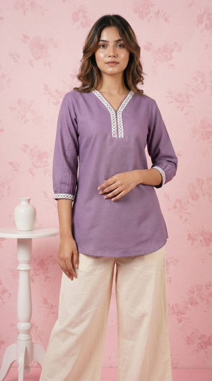 Lavender Solid Short Kurti for Women | Cotton Blend Ethnic Tunic