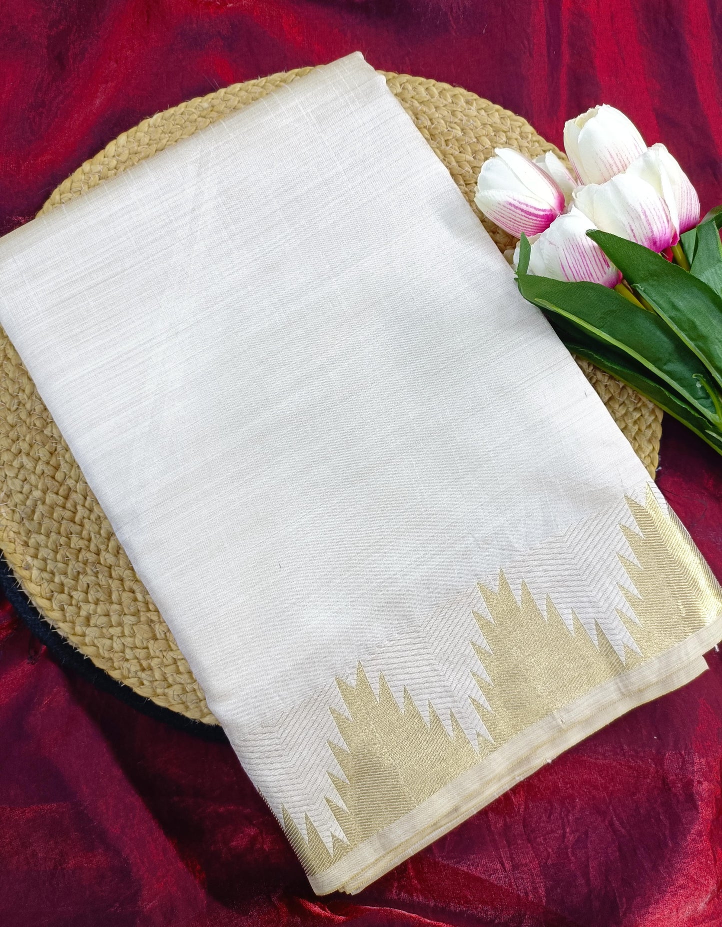 Stunning Tussar Silk Saree with Temple Border & Chit Pallu