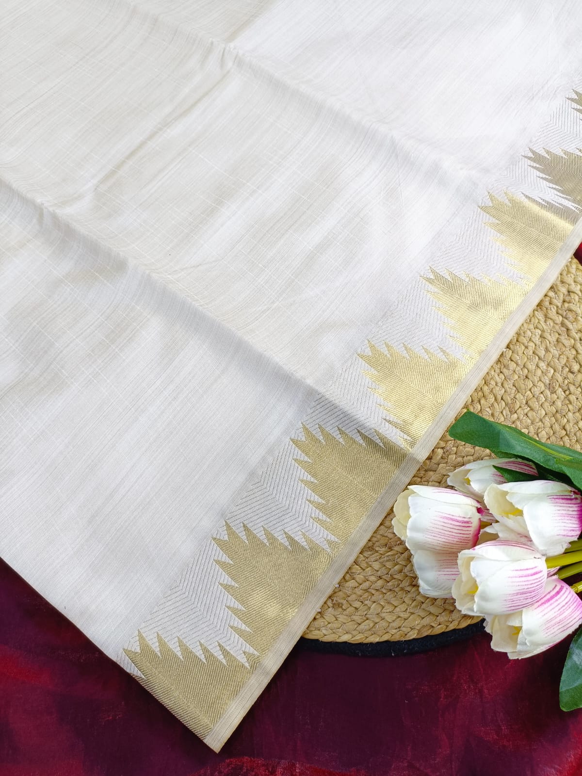 Stunning Tussar Silk Saree with Temple Border & Chit Pallu