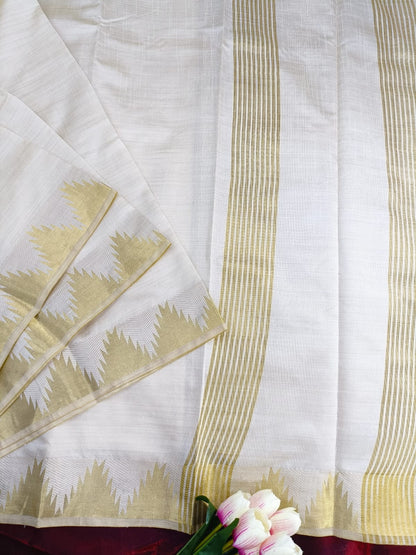 Stunning Tussar Silk Saree with Temple Border & Chit Pallu