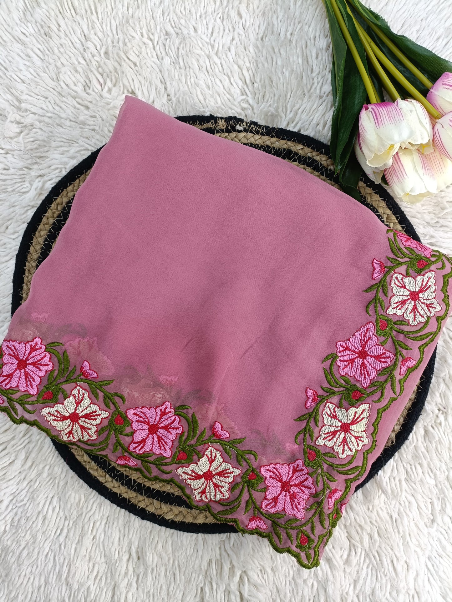 New Partywear Designer Lace Border Pastel Multi-Thread Work Saree