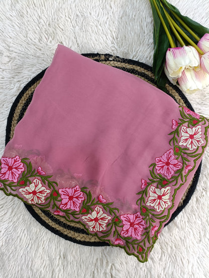 New Partywear Designer Lace Border Pastel Multi-Thread Work Saree