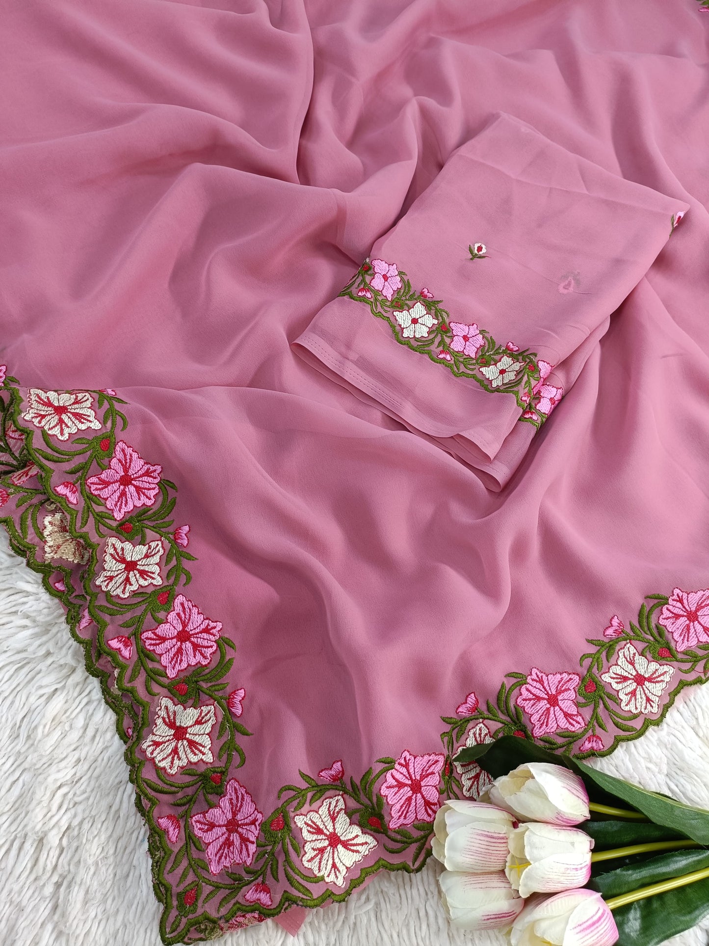 New Partywear Designer Lace Border Pastel Multi-Thread Work Saree