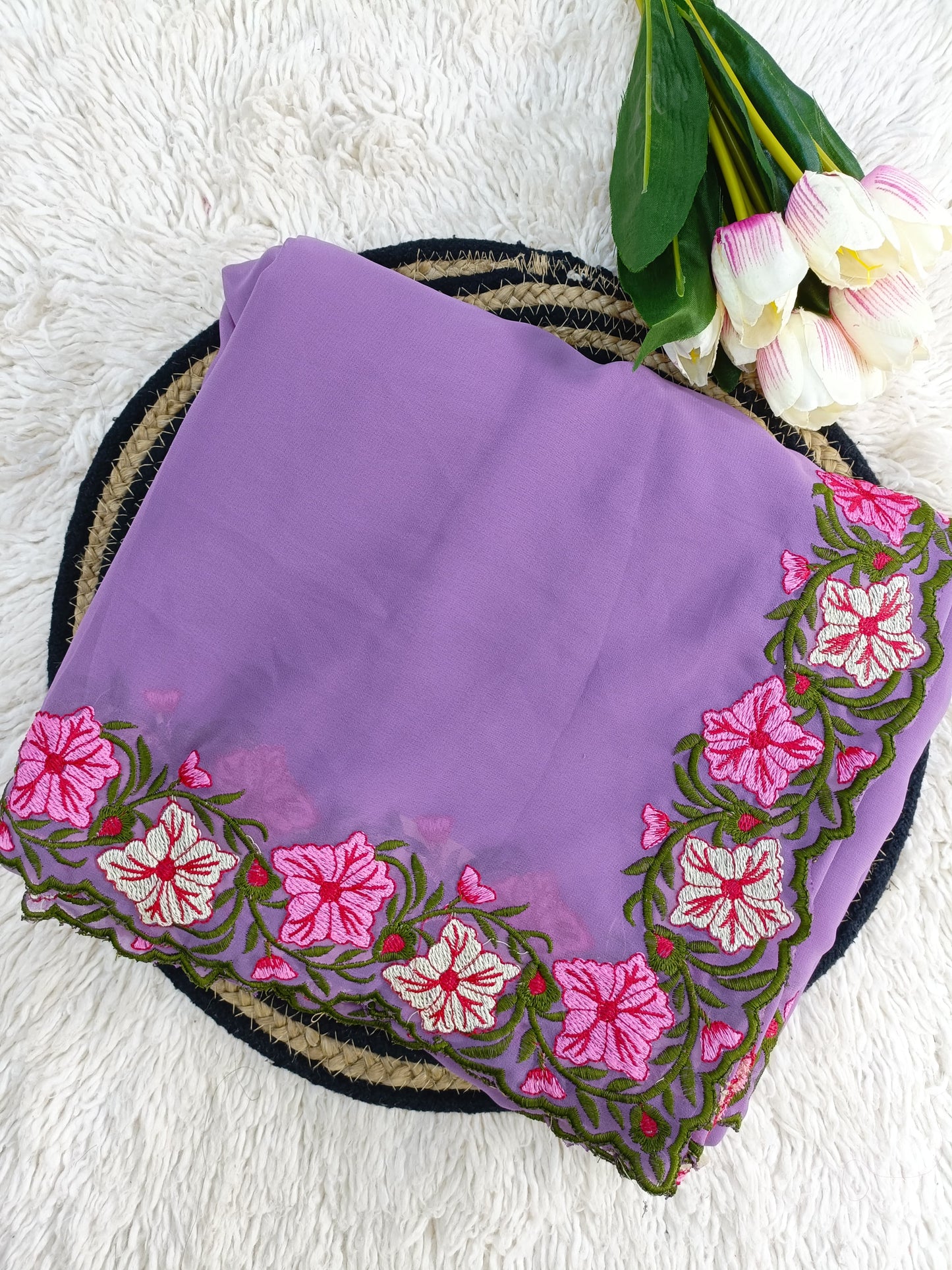 New Partywear Designer Lace Border Pastel Multi-Thread Work Saree