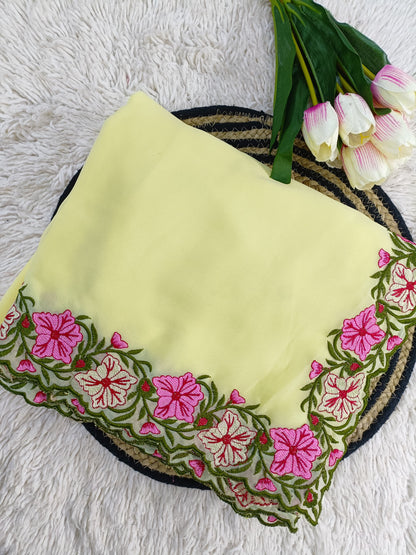 New Partywear Designer Lace Border Pastel Multi-Thread Work Saree