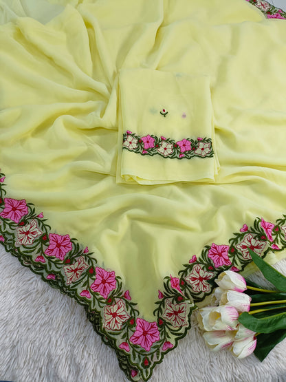 New Partywear Designer Lace Border Pastel Multi-Thread Work Saree