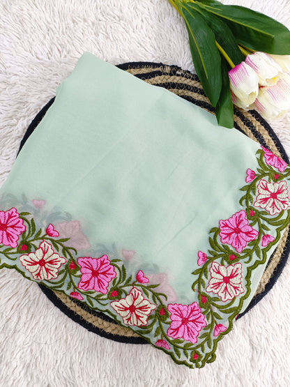 New Partywear Designer Lace Border Pastel Multi-Thread Work Saree