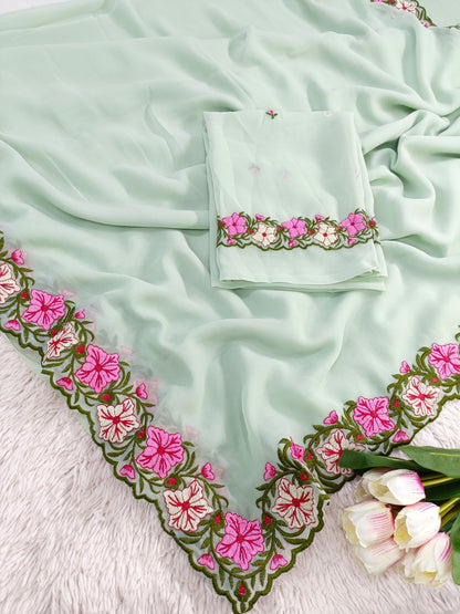 New Partywear Designer Lace Border Pastel Multi-Thread Work Saree