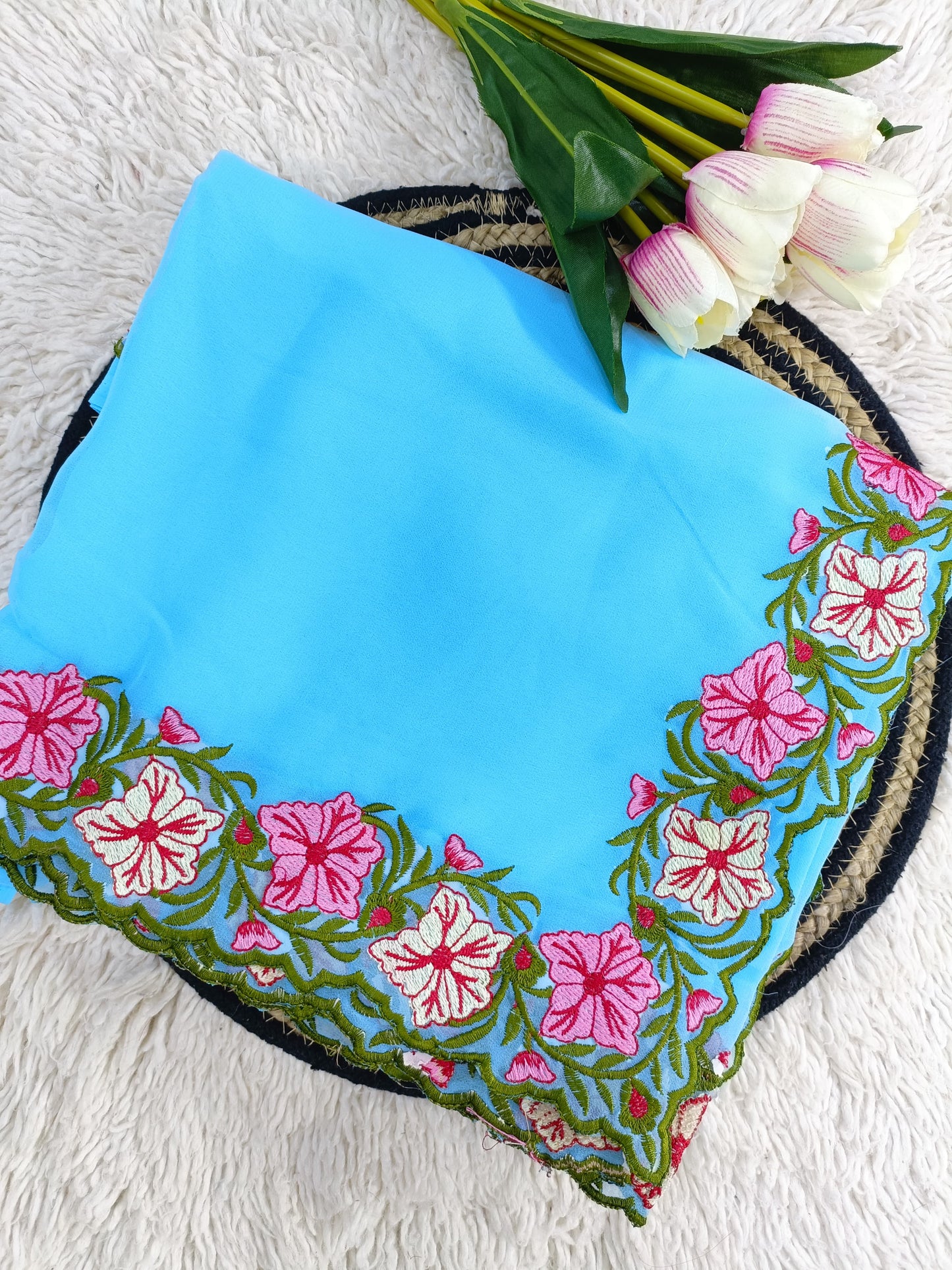 New Partywear Designer Lace Border Pastel Multi-Thread Work Saree