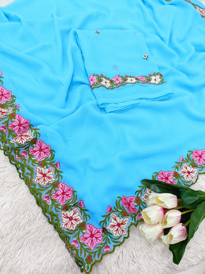 New Partywear Designer Lace Border Pastel Multi-Thread Work Saree