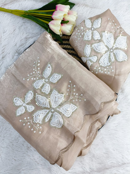 NEW PART WEAR JIMMY CHO WITH SIQUNCE SAREE WITH BLOUSE SIQUNCES WORK